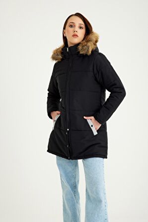 Barbora Kışlık Kürk Yaka Şişme Kadın Mont 7112siyah55