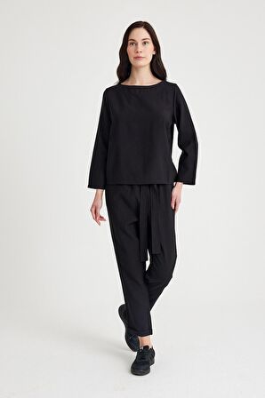 Barbora Keten Günlük Rahat Beli Kemerli Kadın İkili Takım Alt Üst LN01siyahi1