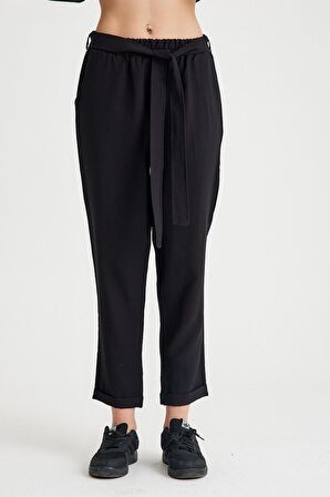 Barbora Keten Günlük Rahat Beli Kemerli Kadın İkili Takım Alt Üst LN01siyahi1