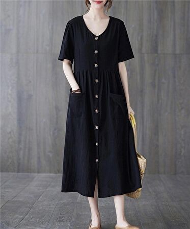 Barbora Keten Günlük Rahat V Yaka Beli Büzgü Detaylı Düğmeli Elbise LN04siyah9
