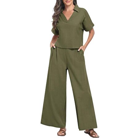 Barbora Zarif Kadin T-shirt ve Uzun Pantolon Alt Üst İkili Takım V Yaka Kısa Kollu Salaş Rahat Elbise  ln27haki