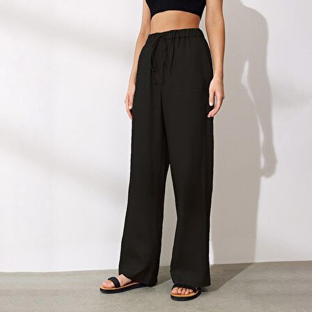 Barbora Keten Günlük Pantolon Beli Bağcıklı Ln14siyah4