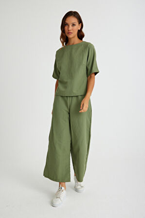 Barbora Keten Günlük Rahat Beli Lastikli Kadın İkili Takım Alt Üst LN10haki13