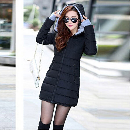 Kışlık Kapüşonlu Orta Boy Kadın Şişme Mont