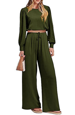 Keten Yazlık Yüksek Bel Pantolon Bluz İkili takım Alt Üst