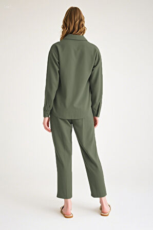 Keten Günlük İkili Takım Haki Elbise Pantolon Gömlek