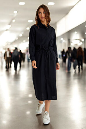 Yazlık Şık Beli Bağcık Detaylı Keten Elbise