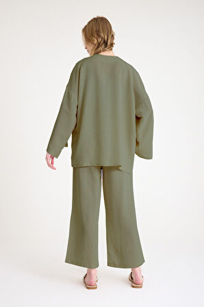 Keten Kadın Salaş Kimono İkili Haki Takım