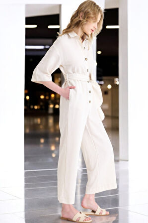 Yazlık Rahat Gömlek Yaka Keten Tulum