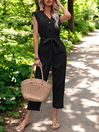 Yazlık Tek Sıra Düğmeli V Yaka Keten Tulum