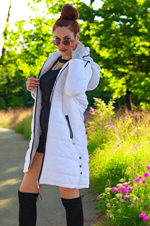 Kışlık Kapüşonlu Su Geçirmez Uzun Şişme Kadın Mont