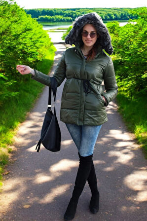 Kışlık Orta Boy Kapüşonlu Kürklü Su Geçirmez Şişme Mont