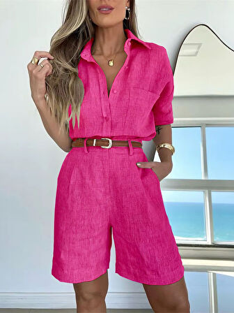 Keten Yazlık Uzun Kol Gömlek Şort İkili Fuşya Takım