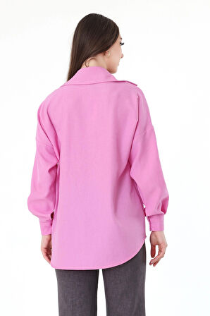 Tek Cepli Oversize Keten Gömlek- Pembe