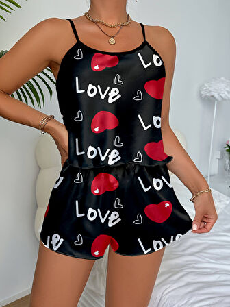 Aşk Temalı Kalp Desenli Siyah Saten Şortlu Gecelik Takım