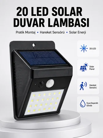 Su Geçirmez IP65 20 LED Solar Sensörlü Bahçe ve Veranda Aydınlatma Yeni Nesil -