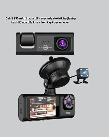 Full HD Üç Kameralı Araç Kamerası 170° Geniş Açılı ve Park Destekli