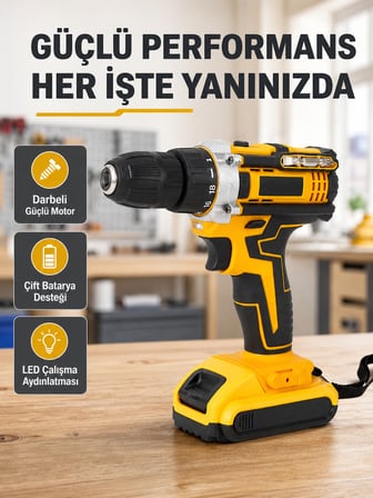 Çift Bataryalı Darbeli Şarjlı Matkap Seti – Metal Dişli, 24 Parça Aksesuar ve LED Işıklı -
