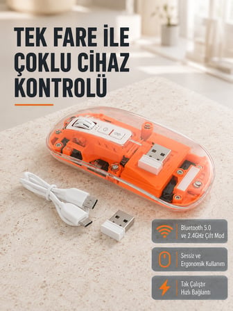 Çift Modlu Kablosuz Bluetooth 5.0 + 2.4GHz Mouse – 3 Cihaz Bağlantılı, Hızlı Geçiş Düğmeli -