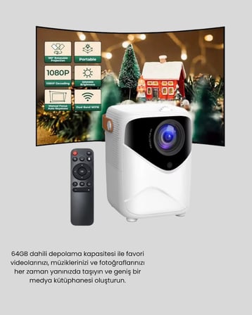 Taşınabilir 1080P HD Akıllı Projektör – 64GB Dahili Hafıza, 2GB RAM, Uzaktan Kumandalı -