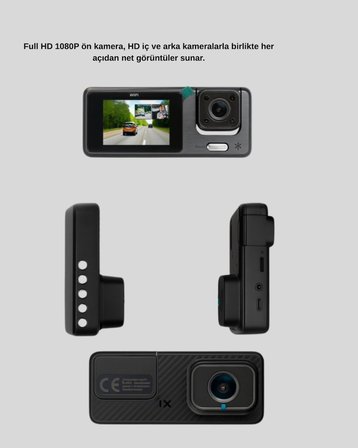 3 Kameralı Araç DVR 1080P Ön + HD Arka + İç Kamera Döngü Kayıt 2’’ Ekran -