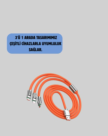 120 W Şarj ve Veri Aktarımı Kablo– 3 Başlıklı Çok Amaçlı Kablo Yüksek Hızlı -
