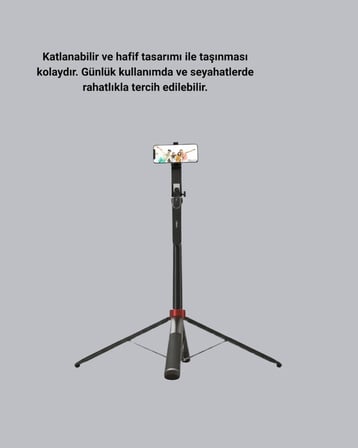 Kablosuz Çift Yaka Mikrofonu ve Tripodlu Selfie Çubuğu İçerik Üretici Seti
