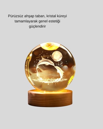Yunus Temalı Kristal Küre USB Işıklı Ahşap Altlıklı Gece Lambası -