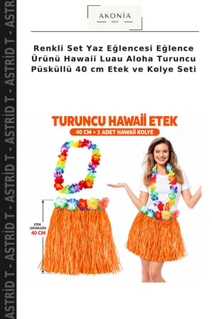 Renkli Set Yaz Eğlencesi Eğlence Ürünü Hawaii Luau Aloha Turuncu Püsküllü 40 cm Etek ve Kolye Seti