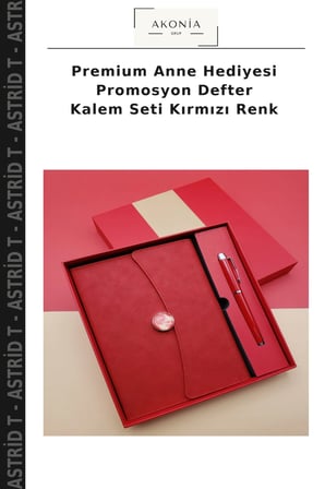 Premium Anne Hediyesi Promosyon Defter Kalem Seti Kırmızı Renk