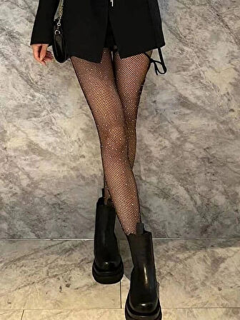 Siyah File Taşlı Çorap