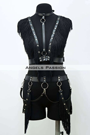 Püslüllü Deri Harness Takım, Püsküllü Elbise Aksesuarı