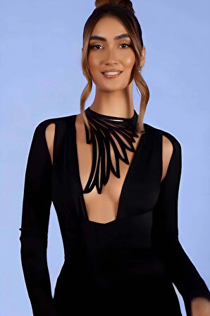 Lazer Kesim Kanat Detaylı Choker, Deri Kolye