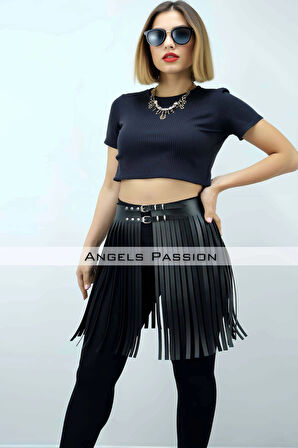 cm Şık Püsküllü Deri Etek, Şort Üzeri Püsküllü Etek, Püsküllü Şık Mini Etek