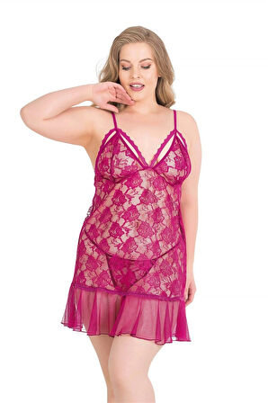 Miss Büyük Beden Vişne Kısa Tül Gecelik