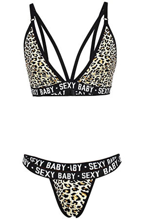 Kadın Leopar Desenli Yazı Detaylı Ipli Sütyen Takımı