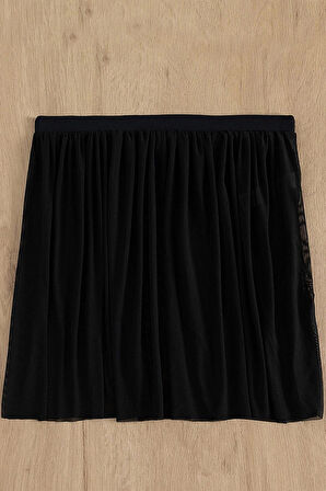 Kadın Siyah Tül Beli Lastikli Etek Görünümlü Pareo