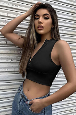 Kadın Siyah Yarım Fermuarlı Sıfır Kol Crop Top Bluz