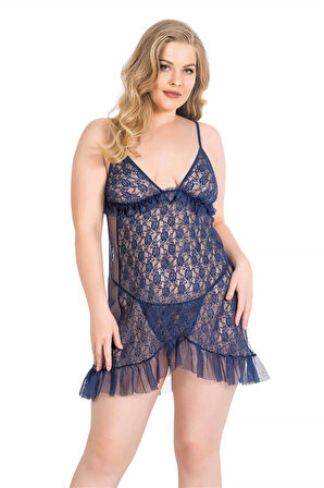 Miss Büyük Beden Lacivert Kısa Tül Gecelik