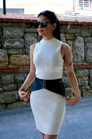 Perçin Detaylı Şık Kadın Kemer, Tarz Kadın Kemer, Elbise Üstü Deri Korse Kemer