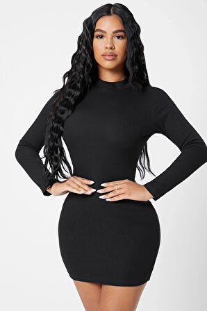 Kadın Siyah Kaşkorse Balıkçı Yaka Uzun Kollu Bodycon Mini Elbise