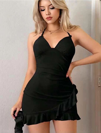 Miss Siyah Boyundan Bağlamalı Fırfırlı Fantezi Mini Club Elbisesi