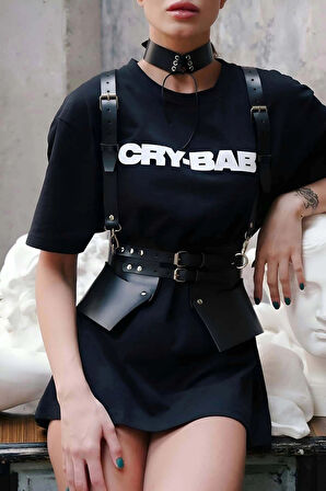 Elbise ve TShirt Üzeri Deri Şık Kemer ve Choker Takım