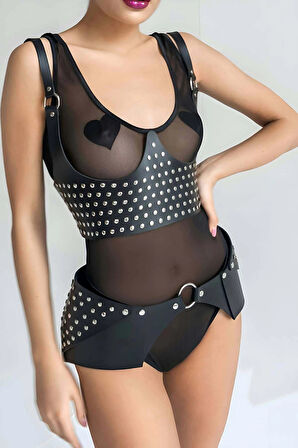 Perçin Detaytlı Şık Kemer ve Harness Takım