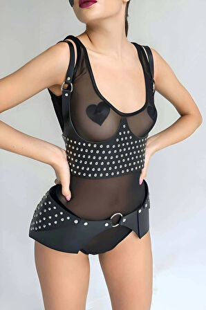 Perçin Detaytlı Şık Kemer ve Harness Takım