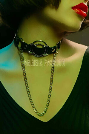 Deri Choker, Deri Tasma, Zincirli Deri Kolye, Halkalı Deri Kolye