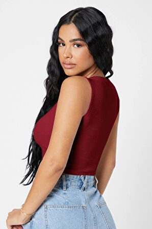 Kadın Bordo Kare Yaka Crop Top Bluz