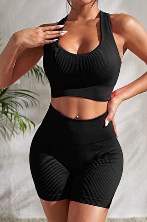 Kadın Siyah Yüksek Bel Çapraz Sırt Detaylı Şortlu Gecelik Takım