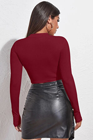 Kadın Bordo Göğüs Dekolteli Uzun Kollu Cut Out Crop Top Bluz