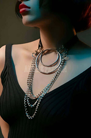 Harness Kolye, Şık Lastik Choker Harness, Halka Detaylı Tasma